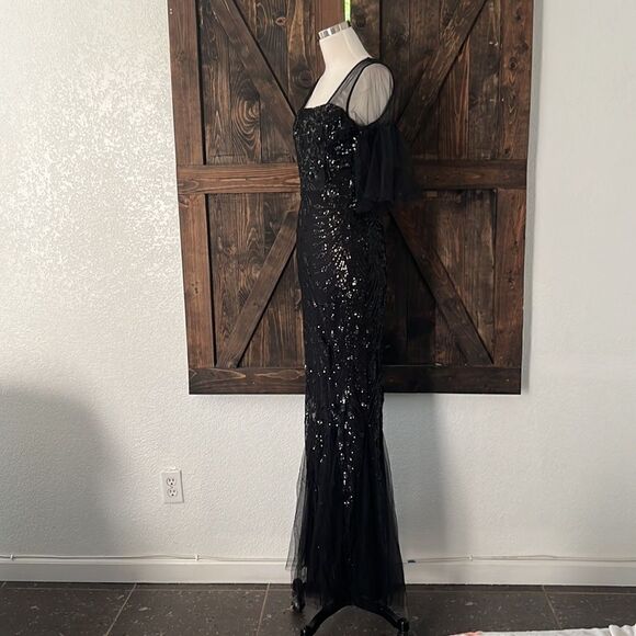 Tulle black Flared Sleeve Evening Party Dress Elegant Mermaid gown dress Medium - Picture 6 of 16